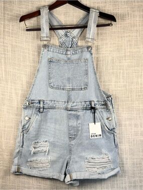 Refuge Denim Distressed Overall Shorts Light Wash Y2K Festival Bib L